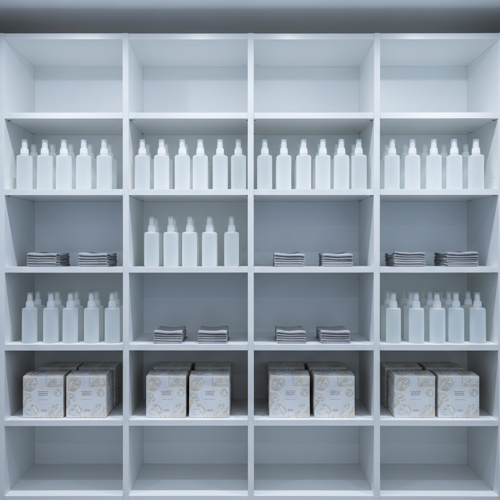 A well-organized set of high-end cleaning supplies displayed on open white shelving in a modern, minimalist storage room. The shelves hold uniformly arranged, label-free spray bottles, neatly folded microfiber cloths, and stacks of eco-friendly cleaning products in recycled packaging, all in a palette of whites and subtle grays. Cool, even overhead lighting creates soft highlights and faint shadowing, enhancing the sense of order and cleanliness throughout. The camera captures the scene from a straight-on perspective with balanced composition and sharp focus, embodying a sense of meticulous care. The overall atmosphere is efficient and trustworthy, perfectly reflecting a professional cleaning company’s standards in a photographic, clean, and modern style.