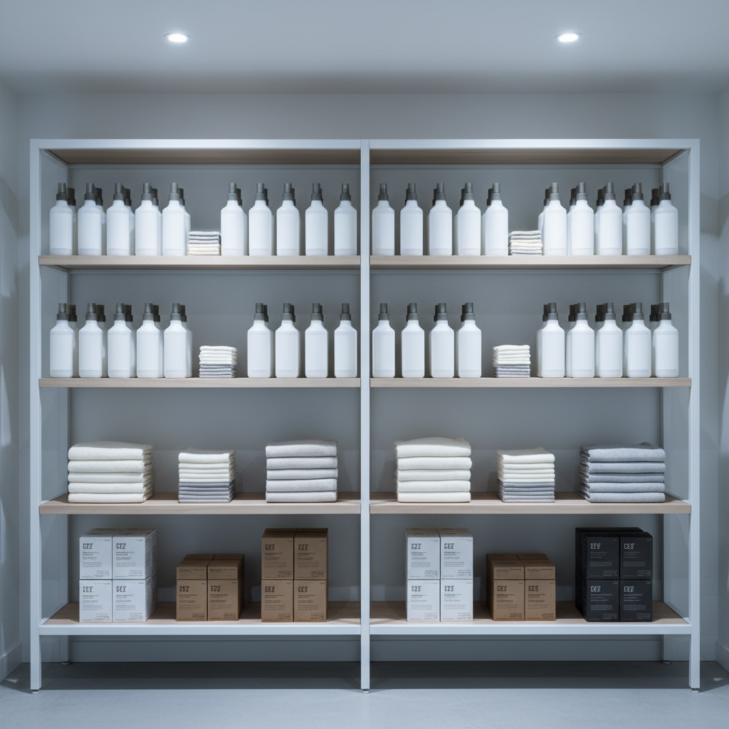 A well-organized set of high-end cleaning supplies displayed on open white shelving in a modern, minimalist storage room. The shelves hold uniformly arranged, label-free spray bottles, neatly folded microfiber cloths, and stacks of eco-friendly cleaning products in recycled packaging, all in a palette of whites and subtle grays. Cool, even overhead lighting creates soft highlights and faint shadowing, enhancing the sense of order and cleanliness throughout. The camera captures the scene from a straight-on perspective with balanced composition and sharp focus, embodying a sense of meticulous care. The overall atmosphere is efficient and trustworthy, perfectly reflecting a professional cleaning company’s standards in a photographic, clean, and modern style.