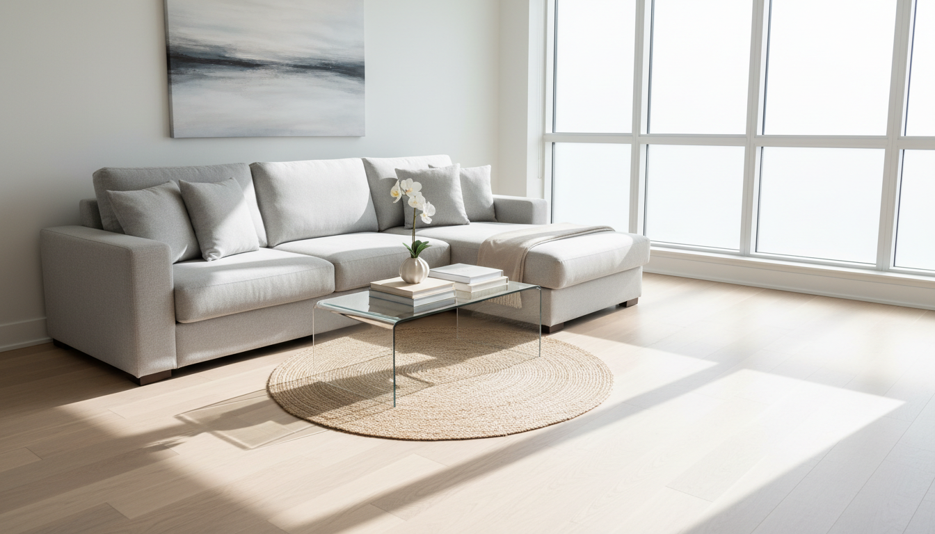 An immaculate, freshly cleaned living room in a modern Airbnb apartment, featuring a sleek light-gray sofa with perfectly aligned cushions, a spotless glass coffee table, and coordinated, neutral-toned accents. The room is bathed in bright, natural daylight from large windows, creating subtle highlights on the surfaces and soft, elongated shadows across the hardwood floor. The environment is uncluttered and structured, with minimalist decor emphasizing order and tidiness. Captured at a wide-angle, slightly elevated viewpoint, the photograph ensures sharp detail and balance throughout the frame. The mood is inviting and reassuringly professional, underscoring the trustworthiness and reliability of the cleaning service with a clean, corporate, photographic aesthetic.