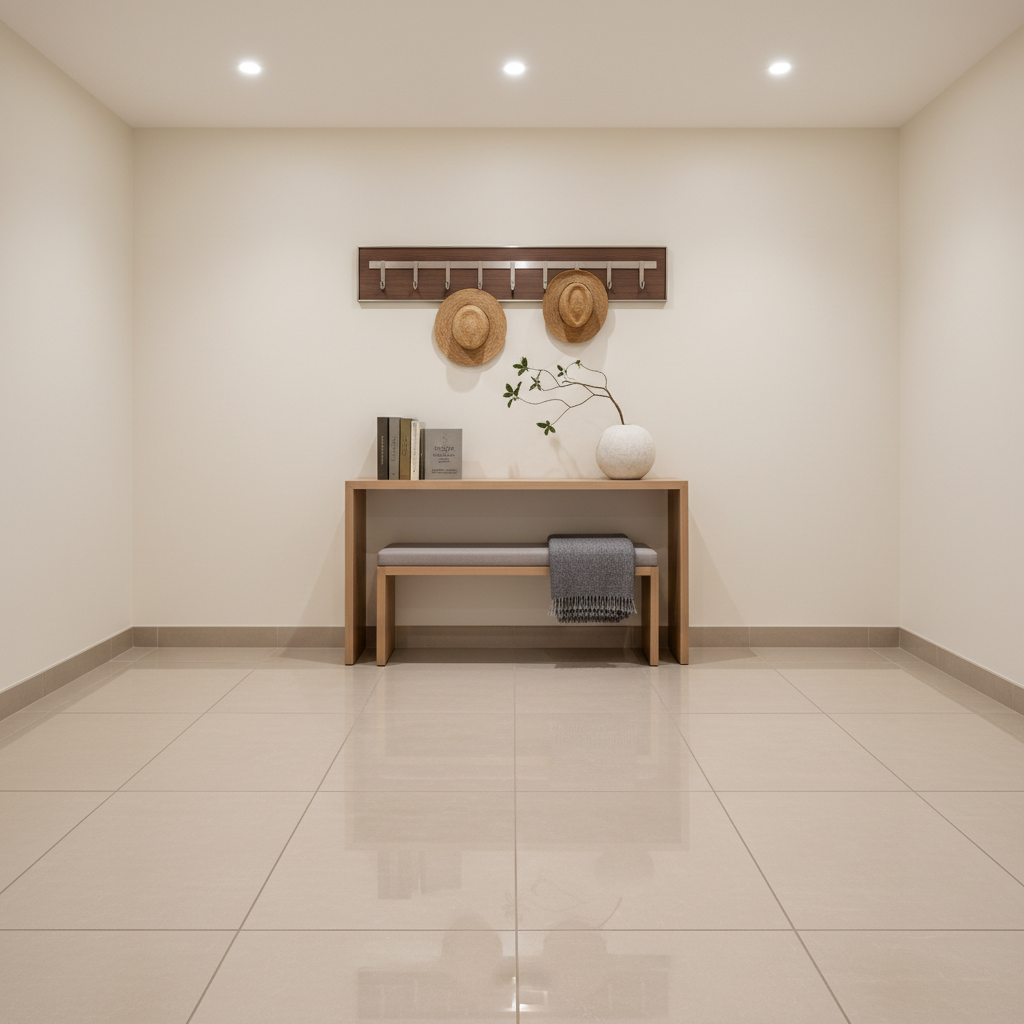 A spotless entryway of a short-term rental, highlighted by a high-gloss, neutral-toned tile floor, an elegant console table topped with a ceramic vase, and a wall-mounted organizer with polished metal hooks. The elements are strategically placed for a visually balanced, harmonious layout. Soft, even artificial ceiling lighting casts a uniform illumination, avoiding harsh shadows and enhancing every pristine surface. The camera’s eye-level perspective and centered framing deliver a corporate, polished feel, emphasizing tidiness and welcome. The overall style is photographic, with a minimalist, structured aesthetic that perfectly fits the image of a top-tier Airbnb cleaning company focused on first impressions and professional reliability.